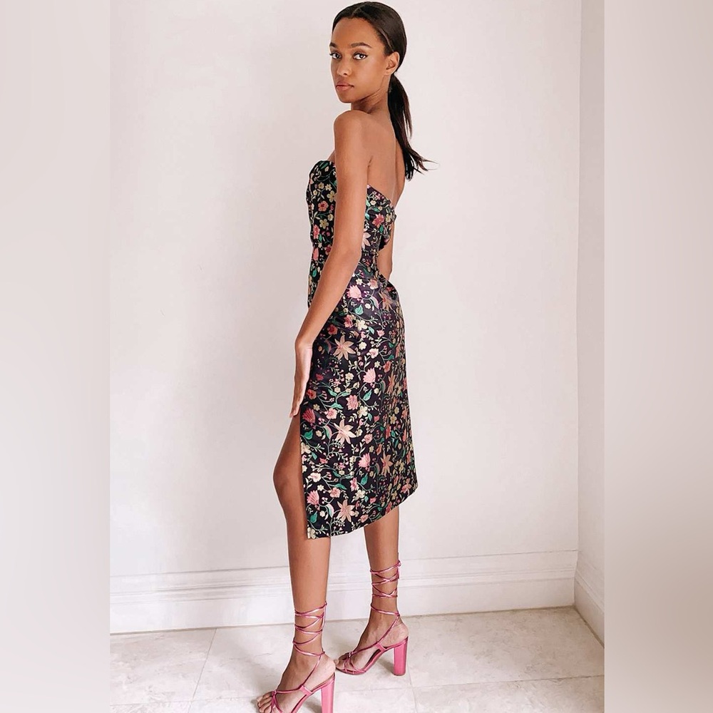 Lulu's Floral Strapless Midi Dress - Black and Pink - Picture 2 of 11